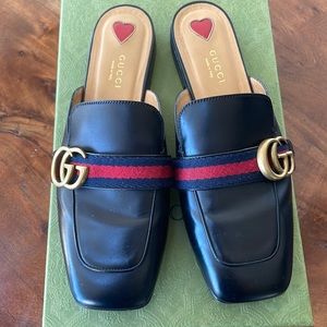Gucci Leather Marmont Web Stripe Backless Mules with Gold GG